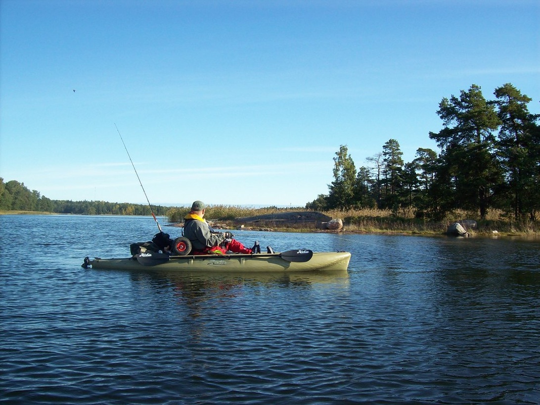 Henkilö lippalakissa ja kalastustakissa istuu keltaisessa kalastuskajakissa seesteisellä järvellä ja kalastaa aktiivisesti vavalla. Taustalla näkyy Suomen järvimaisemille tyypillisiä havupuita ja rantaviivaa kirkkaan sinisen taivaan alla. Tyyni vesi ja luonnonläheinen ympäristö edustavat täydellisesti virkistyskalastusta Suomen järvillä.